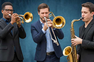 record professional brass and horn section with trombone, trumpet, and saxophone