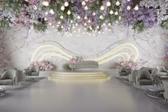 retouch 3d wedding interior decoration,droping flowers,pattern hall render,setup