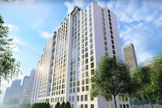refurbish 3d multi unit apartment,highrise building exterior,parking area render