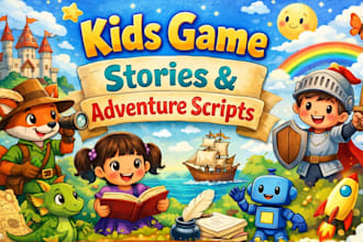 write fun kids game story, character dialogue, and children adventure stories