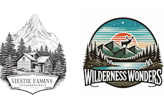 create hand drawn mountain sawmill emblem logo