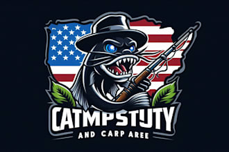 design catfish, carp fishing,on usa isolated black mascot logo for website
