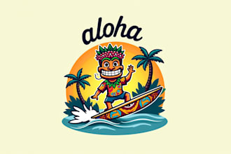 design outstanding aloha tiki surfing mascot logo for you  in my style