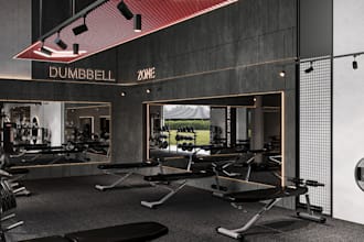 design gym, cafe, restaurant, bakery, shop with 3d renders