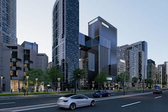 render skyscraper building, real estate, highrise exterior, cityscape, mixed use