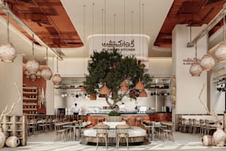 remodel 3d restaurant rooftop,site planning,kitchen layout,cozy bakery interior