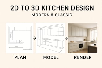 design modern kitchen and living room with 3d render