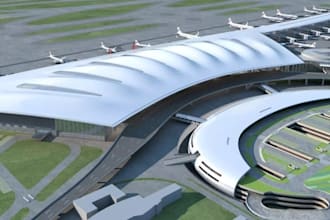 design 3d airport hangar, airport layout and jetway layout elevation drawing