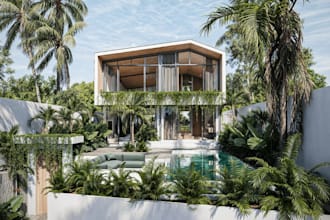 design 3d interior, exterior of apartment, balinese villa style, render bathroom