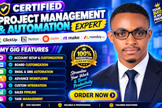 setup monday com clickup project management, zapier, make com automation expert