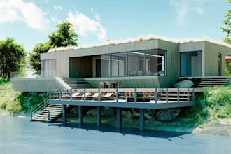 render 3d lake villa,modular house,farm cottage design,cgi facade,sketchup model