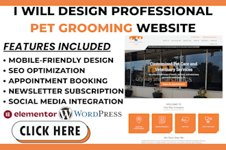 design pet grooming services, dog grooming, cat bathing wordpress website