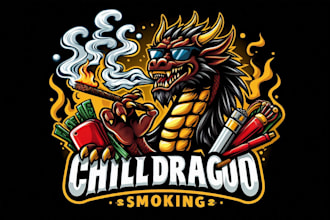 design a chill dragon smoking mascot logo with t shirt