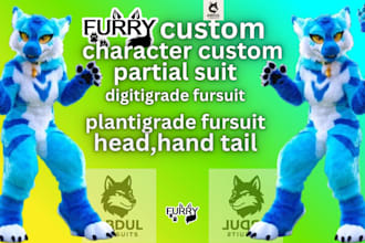 create a custom  partial fursuit head, paws, tail ,plantigrade, digitigrade suit