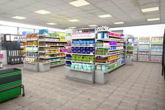 design shopping mall interior, 3d supermarket, restaurant, spa, salon rendering