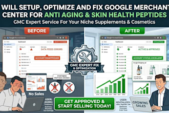 setup and fix google merchant center for anti aging and skin health peptides