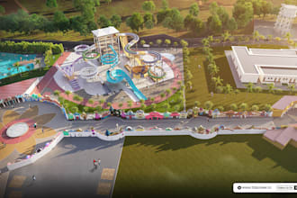 design a realistic 3d amusement or theme park master layout