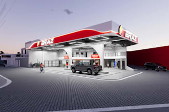 redesign3d gas station,fuel pump,charging station,parking space render,landscape