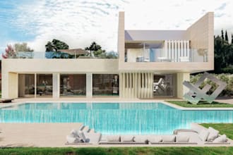 restyle villa apartment, cgi exterior rendering, facade pool design, parking lot