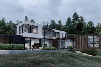 optimize modern 3d farmhouse, landscape design, penthouse, cgi garden rendering