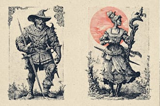 illustrate your dnd characters in vintage linocut art