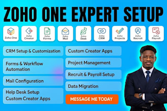 setup zoho one, zoho creator, forms, mail, desk, crm, projects, recruit, payroll
