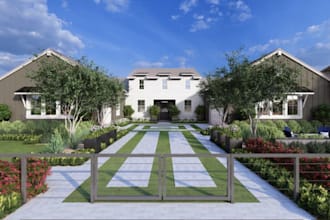 upgrade 3d modern farmhouse,house elevation,poolside patio,cgi garden rendering