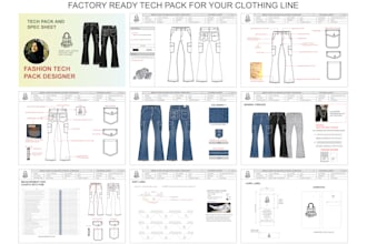 design flat sketch and fashion tech pack for manufacturer