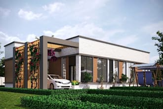 render 3d bungalow house,outdoor living space,patio furniture,3d exterior design