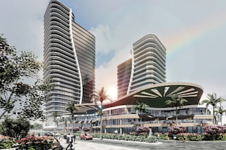 model 3d commercial mixed use tower,museum design,restaurant interior render,cgi