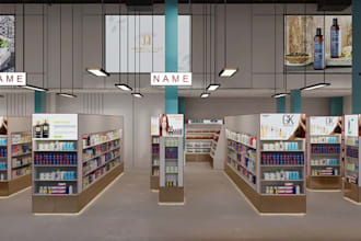 restyle 3d cosmetics store interior,skin care label, mart render,logo design,cgi