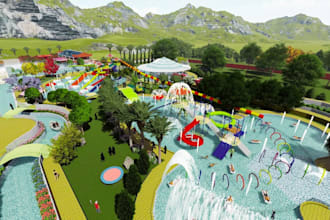 create stunning 3d water park, aqua park designs, or 3d splash zones design