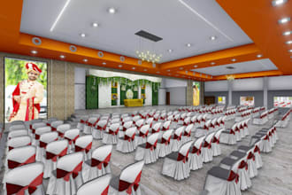 render 3d realistic cgi wedding hall, event hall banquet hall, conference hall