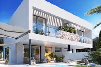 renovate 3d house exterior,stone facade,basement,porch,lounge,balcony,skp render