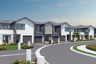 rebuild 3d townhouse exterior,real estate project,cgi driveway,garden layout,skp