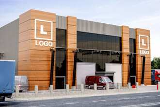 design 3d factory exterior with brand logo,warehouse,showroom top view rendering
