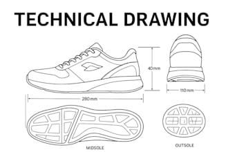 create professional sneaker technical drawings with labels and size charts