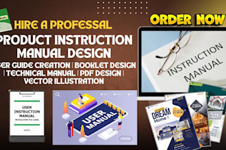 design and draw instruction manual, user guide, step by step, booklet, and PDF