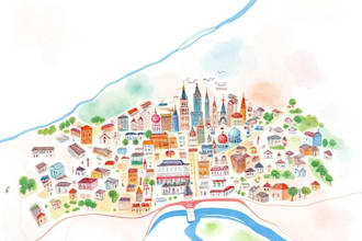design a watercolor map illustration of your city or venue