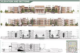 provide building elevation plan,house section plan,commercial building 3d plan