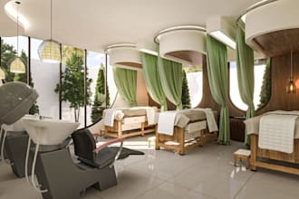 visualize spa interior, reception area, pedicure lounge, salon section rendering