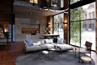 renovate 3d loft apartment,open concept plan,cgi furniture render,kitchen layout