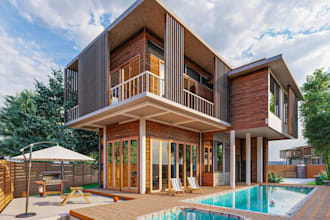 restyle 3d 2 story building,balcony lounge design,exterior pool,interior render
