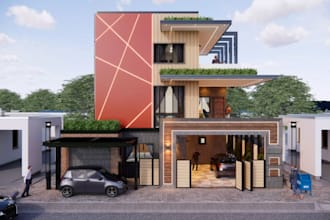 render 3d multi floor house exterior,rooftop garden design,open terrace, carport
