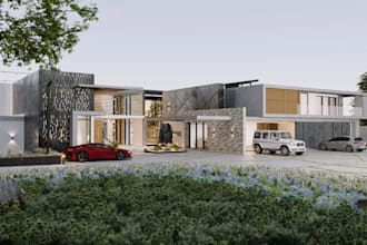 recraft 3d modern villa,lush landscape environment,outdoor lounge,pergola render