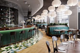create 3d cgi restaurant design, cgi bakery design, 3d bar design, 3d café