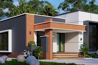 modify 3d single family house, brick facade render,flat roof,verandah design,skp