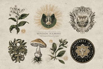 create vintage botanical, mystic, logo design illustration