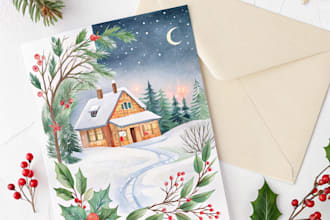 draw christmas card, invitation with watercolor