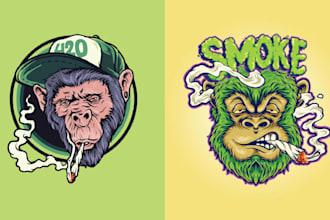 design retro gangster, monkey, hookah, smoke, weed logo